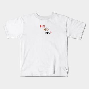 Ho Ho Ho text Paw prints with santa claus, deer and red hat Kids T-Shirt